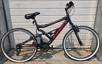 Hyper Shocker 26" Full Suspension Mountain Bike, Steel Frame, 18-Speed, V-Brakes, Black/Red