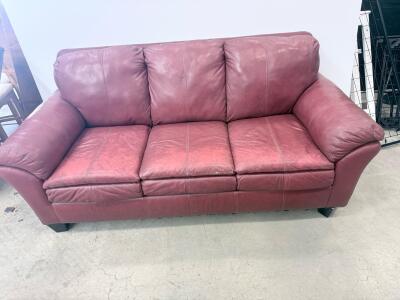 Burgundy Genuine Leather 3-Seater Sofa, Rounded Arms, 84" x 38" x 36", Wood Base