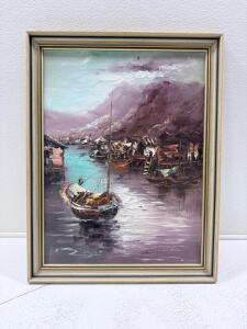 Framed Oil Painting Harbor Scene, Signed, Impasto Style, 24"x30" Est., Late 20th Century