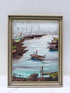Impressionist Harbor Scene, Signed "Ronnel L.", Oil/Acrylic, 24x30 in, Framed