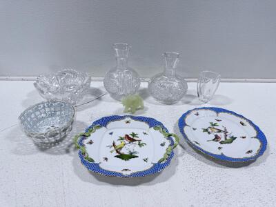 Herend Rothschild Bird Porcelain Set, Blue Border, Hand-Painted, 1976 Limited Edition, Hungary