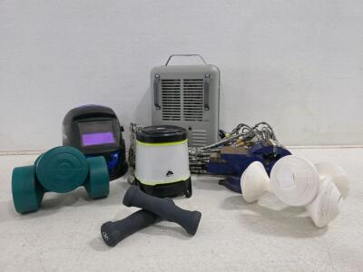 Working Space Heater, Weights, Welders mask, Vice grip and tire accessories