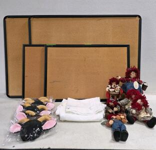 Lot of 4 Cork Bulletin Boards, 6 goat Plush Headbands, 5 Rag Dolls, 6-8 White dutch military over cover pants. Porcelain Bowls, Wood/Brass Decor, Plates, Glassware, Casio FR-2650T Calculator