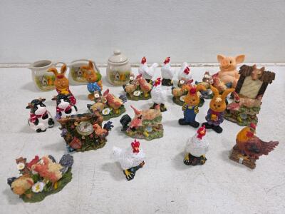 Assorted Farm Animal Figurines & Country Decor Collection. Plush Bears, Snowman, Angels, Candleholder, Vintage Tin, More
