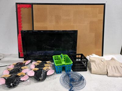 Toshiba 32" LCD TV, Bulletin Boards, Animal Headbands, Organizers, Curtains, Clothing, Fish Basket Lot