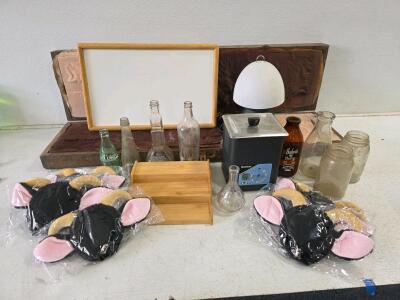 Working L&R Quantrex Ultrasonic Cleaner, Vintage Bottles, Wood instrument case, New Goat Headbands, Mixed Lot