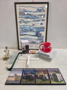 Downton Abbey DVD Lot, Heated Travel Mug, Framed British Art, Kitchenware, Figurine, Plates