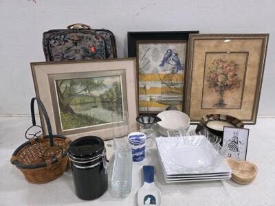Variety Lot &ndash; 3 Framed Art Prints, Proformance Suitcase, Mixed Kitchenware, Bowls, Plates, Glassware
