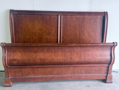 Traditional Wooden King Sleigh Bed Frame with Scroll-Top Design