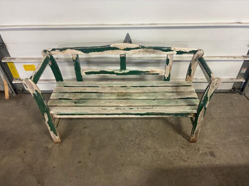 Rustic Wooden Outdoor Bench, Green Painted, 2&ndash;3 Seat, Approx 4.5 Ft, Curved Arms, Needs Restore