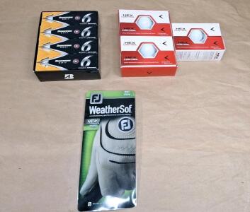 (1) Set Of (12) Bridgestone Golf Straight Distance e6 Golf Balls, (1) Set Of (18) Callaway Hex Control Golf Balls & (1) WeatherSof Mens Cadet Golf Glove, Left, Medium
