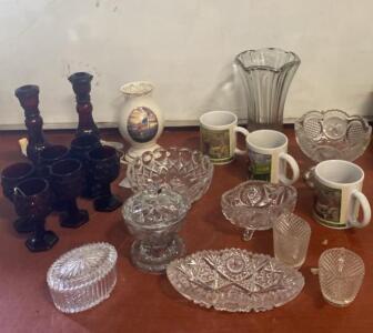 Lot Of Vintage Pressed Glass, (19) Pieces, Ruby Red Goblets, Footed Dishes & Ceramic Mugs