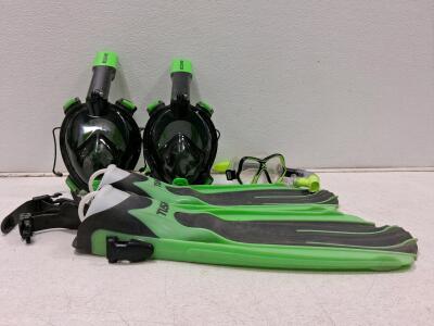 TUSA Fins & OMORC Full-Face Snorkel Mask Set&mdash;Adult, Green/Black, 2 Masks, 1 Traditional Mask & Snorkel