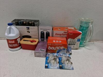 Large Household Essentials Lot: Bleach, Elite Griddle, LED Bulbs, Salt & Pepper Mill, Pitcher Set And More