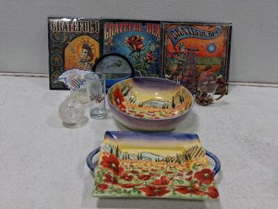 Grateful Dead Art Lot: 3 Album Covers/Posters, Hand-Painted Ceramic Bowl & Tray, Glass Collectibles