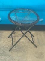 Folding Outdoor Patio Side Table, Tempered Glass Top, 18" Round, Black Metal, Wicker Trim - 2