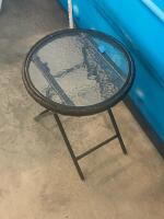 Folding Outdoor Patio Side Table, Tempered Glass Top, 18" Round, Black Metal, Wicker Trim - 3