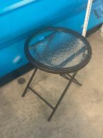 Folding Outdoor Patio Side Table, Tempered Glass Top, 18" Round, Black Metal, Wicker Trim - 4