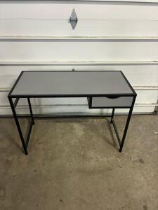 Modern Grey Writing Desk with Metal Frame and Single Drawer