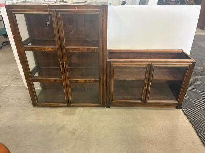 Vintage Glass-Front Display Cabinets, Matching Set, Wood Construction, Brass Handles