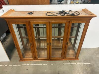 Oak Lighted Display Curio Cabinet, Glass Doors, Mirrored Back, 60"x44"x14", 4 Doors, 2 Shelves