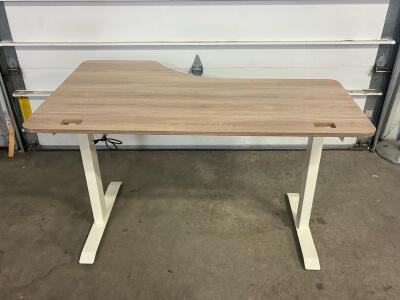 L-Shaped Adjustable Standing Desk with Light Oak Laminate Top and White Metal Frame
