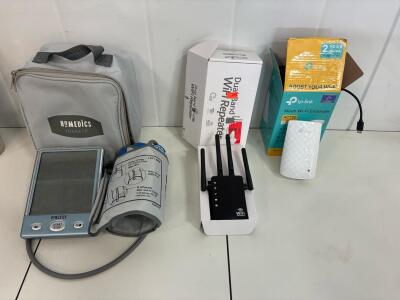 HoMedics Upper Arm Blood Pressure Monitor with Digital LCD Display, AC Adapter, and Batteries, Dual Band WIFI Repeater, Tp-link Mesh WiFi Extender.