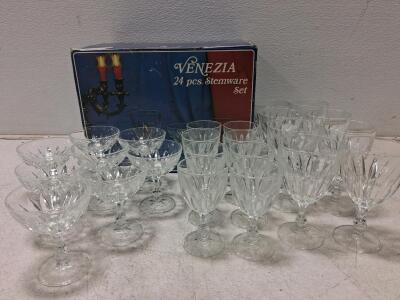 Venezia 24-Piece Clear Pressed Glass Stemware Set with Faceted Design
