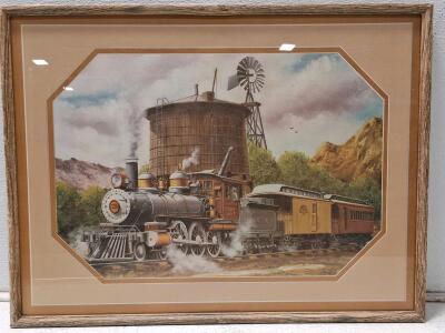 Framed Steam Locomotive #25 Art Print, Wood Frame, Glass, 25.5"x19.25", Vintage Western Scene