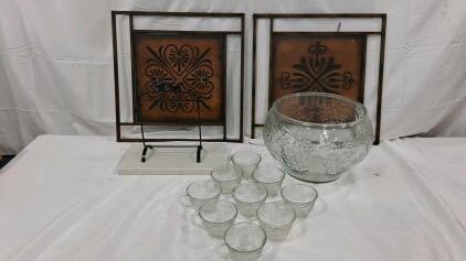 Vintage Clear Pressed Glass Grapevine Punch Bowl Set with 8 Cups, 2 Gallon Capacity