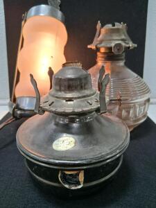 Vintage Wall Mount Oil Lamps &ndash; Pressed Glass & Metal, Frosted Chimney, Electrified, Brackets