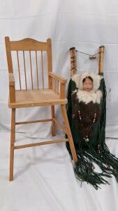 Vintage Wooden High Chair & Native American-Style Beaded Cradleboard Display Doll, 40" & 32"
