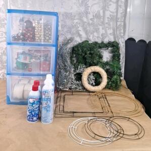 (1) Plastic 3-Drawer Storage Cabinet W/ Assorted Christmas Decor Crafting Supplies