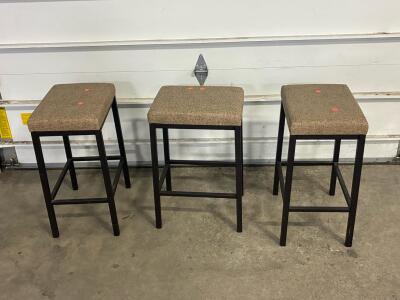 Set of 3 Brown Upholstered Bar Stools, Metal Frame, 24" Seat Height, Footrest, Backless
