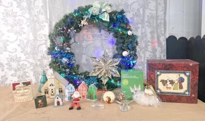 (1) 26" Lighted Wreath, (1) 33-Foot LED Light String & Assorted Christmas Ornaments & Decor