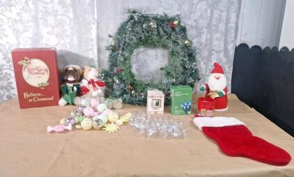 (1) 26" Lighted Wreath, (1) 26-Foot LED Light String & Assorted Christmas Ornaments & Decor