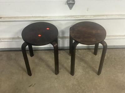 Stackable Wooden Stools, 3-Leg, Bent Wood, Dark Brown, 17.75 in Seat Height, 12 in Seat Diameter