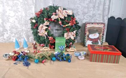 (1) 24" Wreath, (1) 26-Foot LED Light String & Assorted Christmas Ornaments & Decor