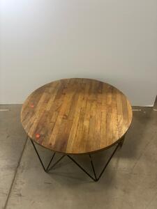 Round Industrial Coffee Table, Wood Top, Black Metal Base, 36-40" Diameter, Modern Design