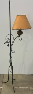 Vintage Wrought Iron Floor Lamp with Scrollwork Legs and Tapered Shade