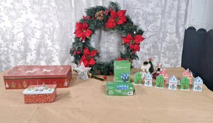 (1) 24" Wreath, (1) 26-Foot LED Light String, (1) 13-Foot LED Light String & Assorted Christmas Ornaments & Decor