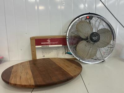 Large 24" Multi-Tone Hardwood Lazy Susan Turntable, Windy City industrial fan, garden kneeler, new in box.