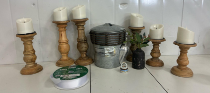 Mixed Home Decor Lot: Kirkland Ribbon, BHG Galvanized Ice Bucket, Set of 6 Wooden Candle Holders