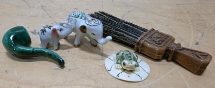 Vintage Decorative Collectibles Lot: 2 Ceramic Elephants, Frog, Pipe, Brush
