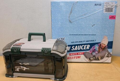 Large Plano-Style Tackle Box, Multi-Compartment, with Lead Sinkers & Hooks, PLW Sponsor Sticker And