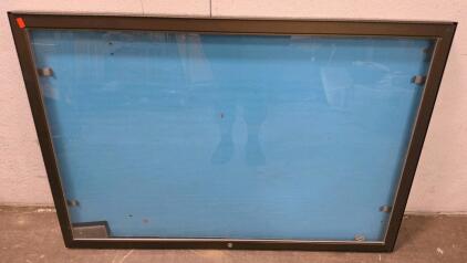 Locking Wall Display Case 43"x28.5" Black Frame, Glass Front, Blue Fabric Backing, Indoor Use
