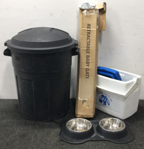 Rubbermaid Trash Can, Cooler, Retractable Baby Gate, Animal Food And Water Bowls