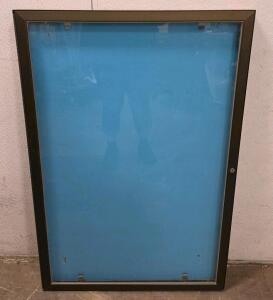 Locking Wall Display Case 43"x28.5" Black Frame, Glass Front, Blue Fabric Backing, Indoor Use