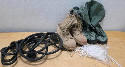 Tan Combat Boots, Green Gaiters, Electric Car Charger Cord, White Nylon Rope Bundle, Military Surplus Style