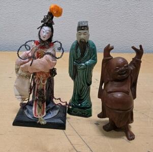 Set of Three Asian Figurines: Chinese Opera Doll, Glazed Ceramic Scholar, and Laughing Buddha